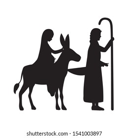 joseph and mary virgin in mule silhouettes manger characters vector illustration