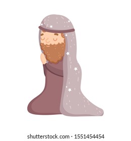 joseph praying manger nativity, merry christmas vector illustration