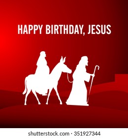 Joseph and pregnant Mary on red background with words