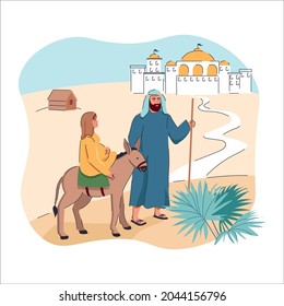 Joseph and pregnant Mary riding on donkey going to Bethlehem cartoon vector illustration. Virgin Mary  and Joseph bible story. Birth of Jesus Christ. Christian Nativity.