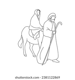 Joseph and pregnant Mary riding on donkey illustration vector hand drawn isolated on white background