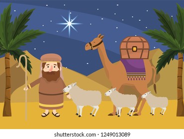 joseph with sheeps and camels with palm trees