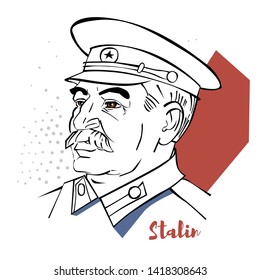 Joseph Stalin flat colored vector portrait with black contours.  Georgian revolutionary and Soviet politician who led the Soviet Union as General Secretary of the Communist Party of the Soviet Union.