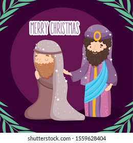 joseph and wise king manger nativity, merry christmas vector illustration