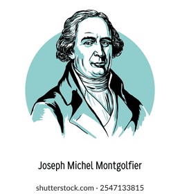 Joseph-Michel Montgolfier war der Älteste der beiden Brüder Montgolfier, der Erfinder des Heißluftballons. Mitglied der Pariser Akademie der Wissenschaften. Handgezeichnete Vektorgrafik