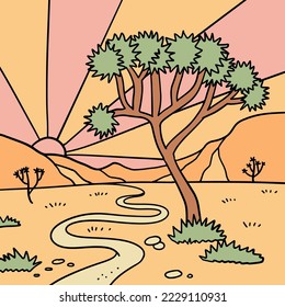 Joshua desert with trees landscape. America wild west nature dusty desert with arizona prairie, path and canyon rocks. Hand drawn linear vector illustration.