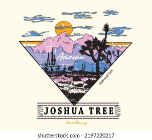 Joshua tree Arizona Vibes Vector Print Design, Arizona desert state t shirt graphic design. Vintage artwork for apparel, sticker, batch, background, poster and others.