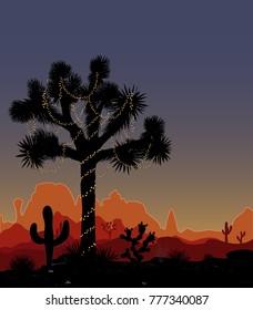 Joshua tree decorated with a string of lights. Mountaind, decorated cactil, Christmas lights and night sky. Mexico New Year