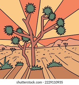 Joshua tree in Desert National park print design  Sunset evening landscape  Hand drawn linear retro vector illustration 