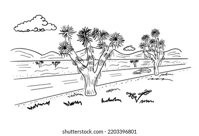 Joshua tree, landscape with mountains and desert road with car vector outline sketch hand drawn