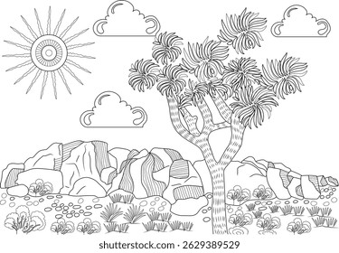 Joshua Tree National Park Desert Landscape Line Art, Black and white line art illustration depicting a classic Joshua Tree National Park scene with a Joshua tree, large rock formations, desert