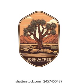 Insignia del logotipo del Parque Nacional del Árbol de Joshua emblema diseño de Ilustración vectorial, cañón y coyote en diseño de desierto