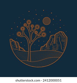 Joshua Tree National Park in Night View Mono line vector illustration for badge, patch, t shirt, sticker, etc 