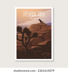 Afiche del parque nacional del árbol Joshua, diseño de vectores, cañón y coyote en diseño de afiches del desierto