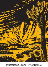 Joshua Tree in the Remote and Rugged Desert Landscape of Gold Butte National Monument in Clark County Nevada Woodcut WPA Poster Art