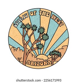 Joshua tree round badge design for apparel   others  Spirit the West  Arizona textured print design  Linear vector hand drawn illustration 