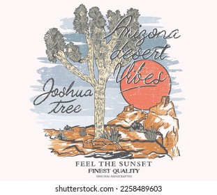 Diseño vectorial de árbol Joshua. El sol sale. Diseño de papel colorido de Arizona para camiseta. Diseño artístico de vibraciones del desierto para pegatinas, afiches, antecedentes, moda y otros.