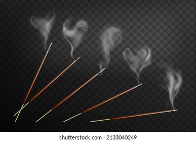 Joss Incense Sticks With Steam Smoke Realistic 3d Vector Illustration. Wooden Agarbatti Isolated On Dark Background. Indian Scented Burning Wooden Stick For Aromatherapy, Meditation Or Room Fragrance.