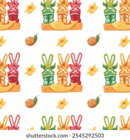 Joss paper model for Tet holiday watercolor illustration. Vietnam new year seamless vector pattern. Asia lunar new year celebration wallpaper.
