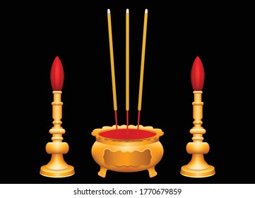 Joss stick and candle.Graphic vector