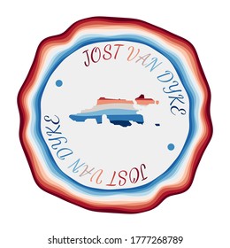 Insignia Jost Van Dyke. Mapa de la isla con bellas olas geométricas y vibrante marco azul rojo. Logo de Jost Van Dyke. Ilustración vectorial.