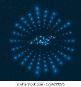 Jost Van Dyke digital map. Glowing rays radiating from the island. Network connections and telecommunication design. Vector illustration.