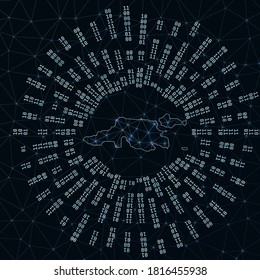 Jost Van Dyke digital map. Binary rays radiating around a glowing island. Internet connections and data exchange design. Vector illustration.