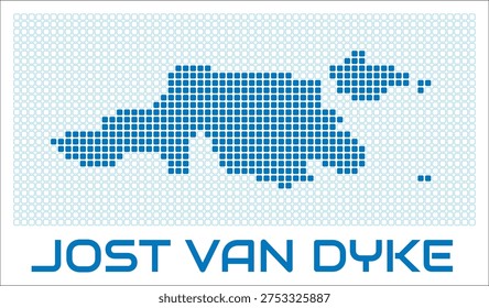Jost Van Dyke digital style map with blue rounded rectangle dots. Virgin Islands (UK). Dotted shape of the island. Jost Van Dyke blue colored map and title on white background.