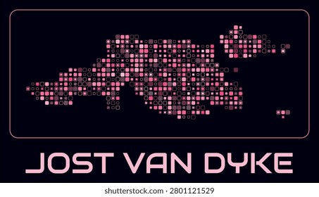 Jost Van Dyke digital style map. Small roundedSquare dots on dark background. Dotted shape of the island. Jost Van Dyke map and title. Vibrant vector illustration.