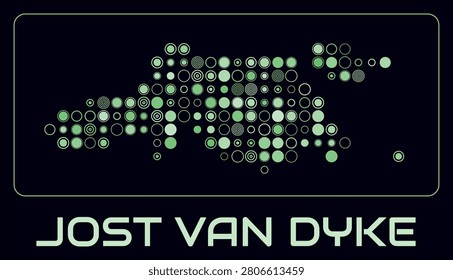 Jost Van Dyke digital style map. Large circle dots on dark background. Dotted shape of the island. Jost Van Dyke map and title. Awesome vector illustration.