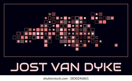 Jost Van Dyke digital style map. Large square dots on dark background. Dotted shape of the island. Jost Van Dyke map and title. Vibrant vector illustration.