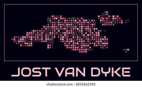 Jost Van Dyke digital style map. Small square dots on dark background. Dotted shape of the island. Jost Van Dyke map and title. Classy vector illustration.