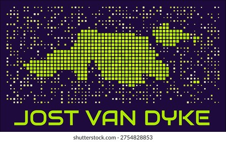 Jost Van Dyke dots map. Virgin Islands (UK). Digital style shape of the island. Jost Van Dyke map and title lime colored square dots with round corners. Modern Vector Illustration.