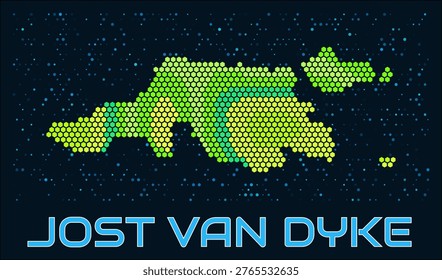 Jost Van Dyke hexagon dots map. Virgin Islands (UK). Digital style shape of the island. Jost Van Dyke map and title. Tiny green colored hexagons, sparse blue dots at background. Vector Illustration.