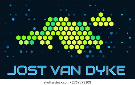 Jost Van Dyke hexagon dots map. Virgin Islands (UK). Digital style shape of the island. Jost Van Dyke map and title. Large green colored hexagons, sparse blue dots at background. Vector Illustration.