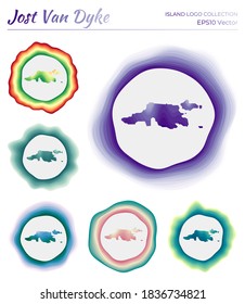 Jost Van Dyke logo collection. Colorful logo of the island. Unique layered dynamic frames around Jost Van Dyke border shape. Vector illustration.