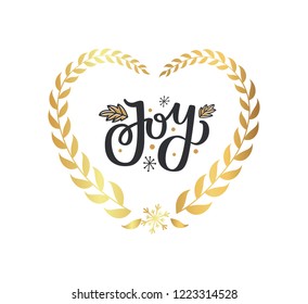 Jot print with leaves and snowflakes, lettering text vector isolated . Winter holidays greetings on New Year, calligraphic doodles in heart shape frame