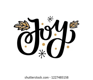Jot print with leaves and snowflakes, lettering text vector isolated on white. Winter holidays greetings on New Year, hand drawn calligraphic doodles