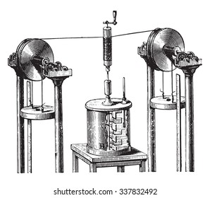 Joule apparatus for determining the mechanical equivalent of heat, vintage engraved illustration. Industrial encyclopedia E.-O. Lami - 1875.
