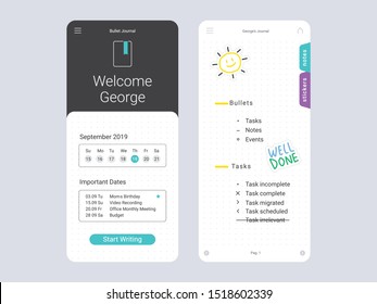 Journal App Concept UI, UX, GUI screens and flat web icons for mobile apps, responsive app for journaling, writing, dairy, notes, quotes, minimal app design, bullet journal app with stickers