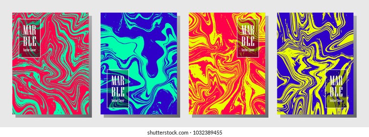 Journal cover or party flyer marble background patterns set. Trendy corporate brochure, booklet, magazine cover, party banner, poster, placard, journal background templates. Marble splashes