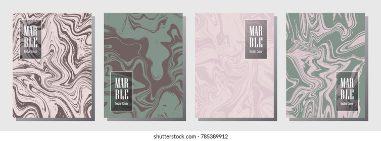 Journal cover or party flyer marble background patterns vector set. Simple placard, corporate brochure, booklet, magazine cover, party banner, poster,  journal background templates. Liquid marble.