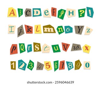 Journal cut letters and numbers set. Magazine collage vector alphabet.