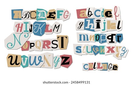 Journal cut letters set. Retro Colorful alphabet selected from newspaper clippings with capital letters anonymous art typing from scrap letters. Vector typographic illustration.