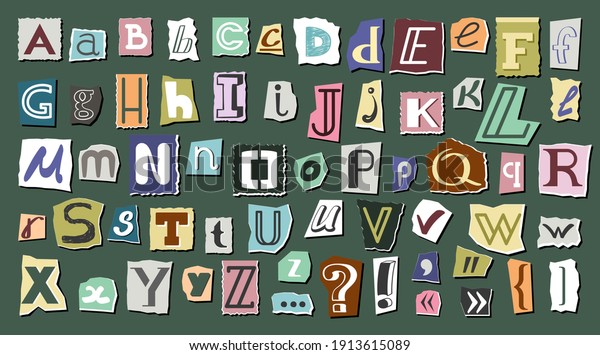 Journal\
cut letters and symbols set. Colorful alphabet selected from\
newspaper clippings with capital letters anonymous art typing from\
scrap letters. Vector typographic\
communication.