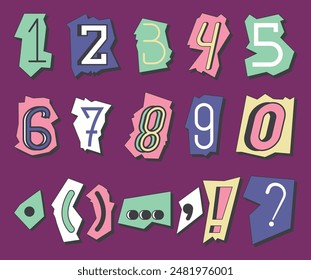 Journal cut numbers and symbols set. Colorful selected from newspaper clippings with numbers and symbols anonymous art typing from scrap numbers. Vector typographic communication