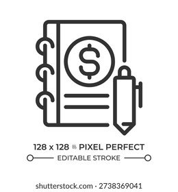Journal entries pixel perfect line icon. Initial chronological record of financial transaction. Accounting reports. Isolated vector illustration. Outline symbol. Simple linear drawing. Editable stroke