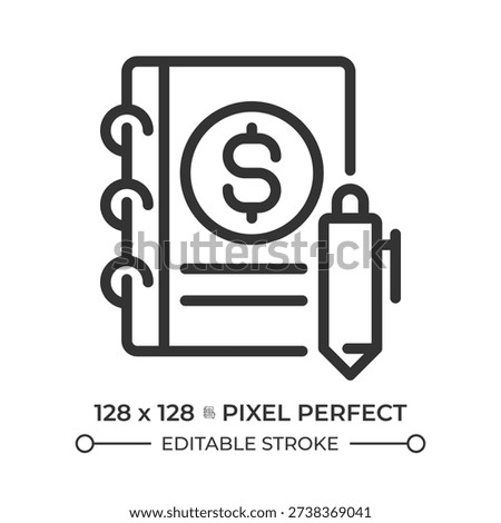 Journal entries pixel perfect line icon. Initial chronological record of financial transaction. Accounting reports. Isolated vector illustration. Outline symbol. Simple linear drawing. Editable stroke