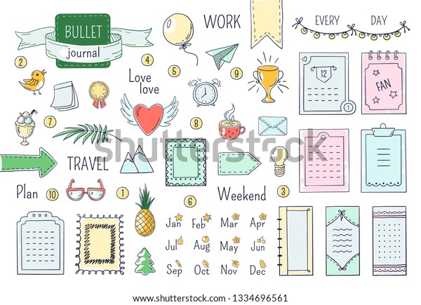 Journal hand drawn elements. Doodle bullets, color\
notebook schedule calendar diary line scribble elements. Vector\
doodle frames set