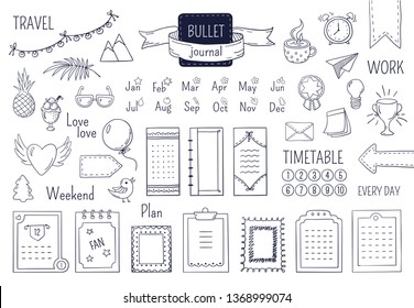 Journal hand drawn elements. Notebook doodle bullets, schedule calendar diary sketch line elements. Vector doodle bullet set